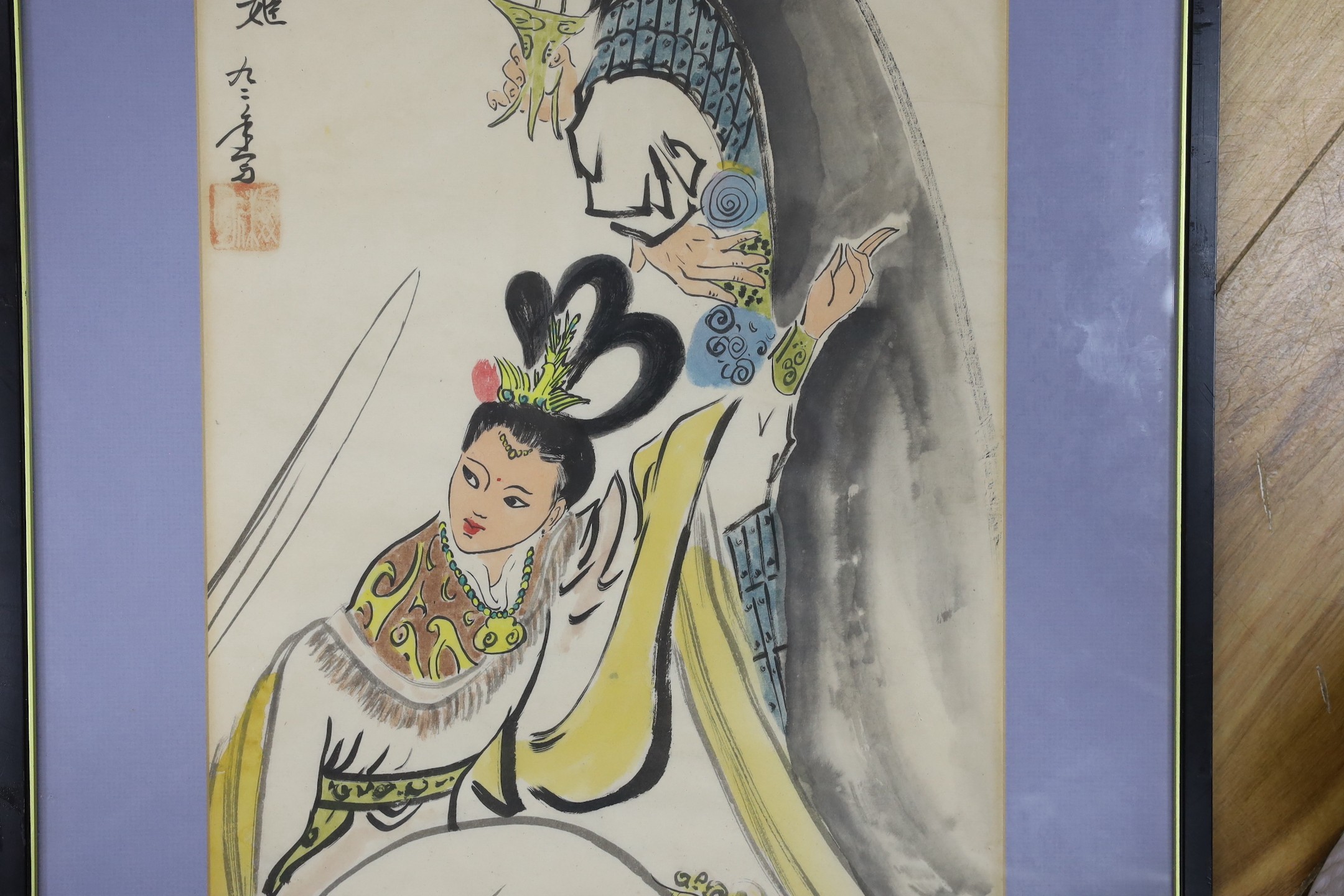 Chinese School, watercolour on paper, Warrior and princess, signed, 62 x 29cm